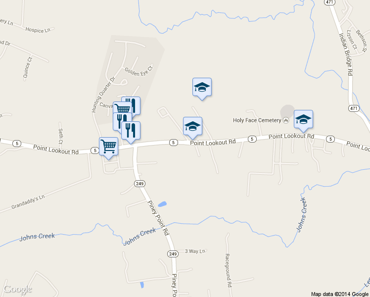 map of restaurants, bars, coffee shops, grocery stores, and more near 20765 Point Lookout Road in Callaway