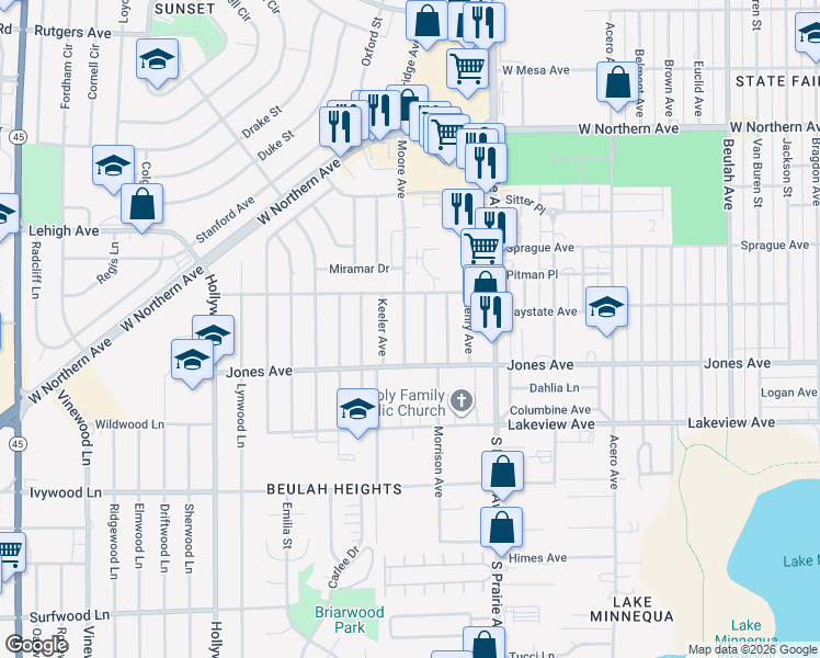 map of restaurants, bars, coffee shops, grocery stores, and more near 1716 Moore Avenue in Pueblo