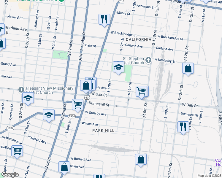 map of restaurants, bars, coffee shops, grocery stores, and more near 1668 Hale Avenue in Louisville