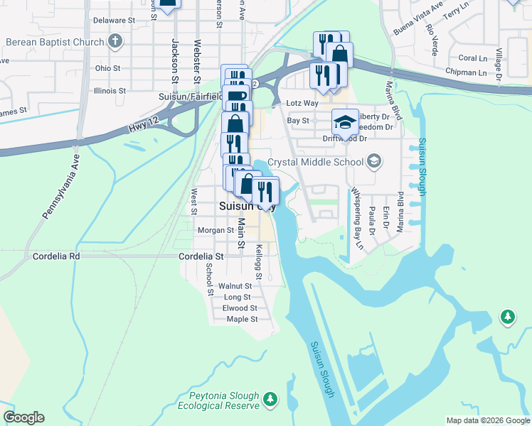 map of restaurants, bars, coffee shops, grocery stores, and more near 750 Kellogg Street in Suisun City