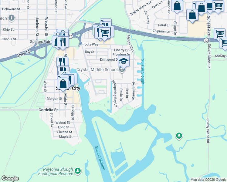 map of restaurants, bars, coffee shops, grocery stores, and more near 709 Whispering Bay Lane in Suisun City