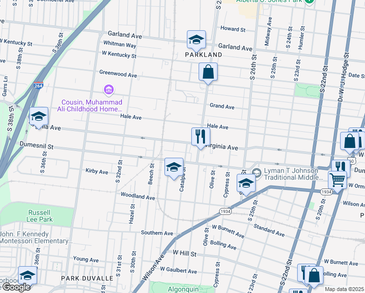 map of restaurants, bars, coffee shops, grocery stores, and more near 2830 Virginia Avenue in Louisville