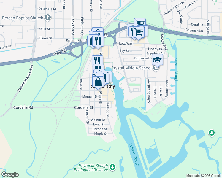 map of restaurants, bars, coffee shops, grocery stores, and more near 750 Kellogg Street in Suisun City