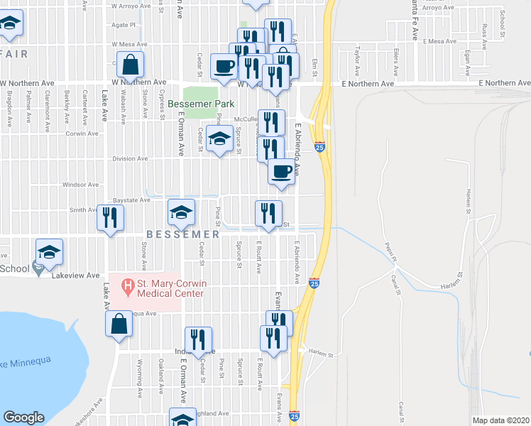 map of restaurants, bars, coffee shops, grocery stores, and more near 1626 East Routt Avenue in Pueblo