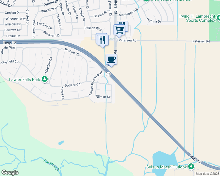 map of restaurants, bars, coffee shops, grocery stores, and more near 264 Potrero St in Suisun City