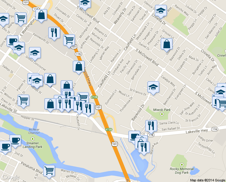 map of restaurants, bars, coffee shops, grocery stores, and more near 1137 Gumwood Lane in Petaluma