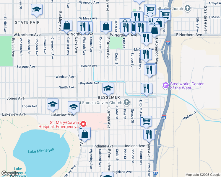 map of restaurants, bars, coffee shops, grocery stores, and more near 1614 East Orman Avenue in Pueblo