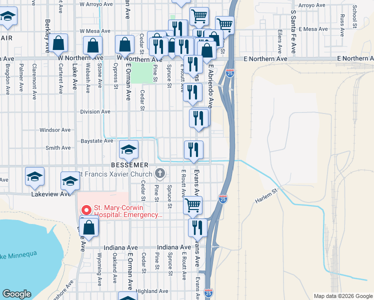 map of restaurants, bars, coffee shops, grocery stores, and more near 1626 East Routt Avenue in Pueblo