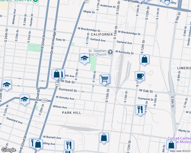 map of restaurants, bars, coffee shops, grocery stores, and more near 1141 South 16th Street in Louisville