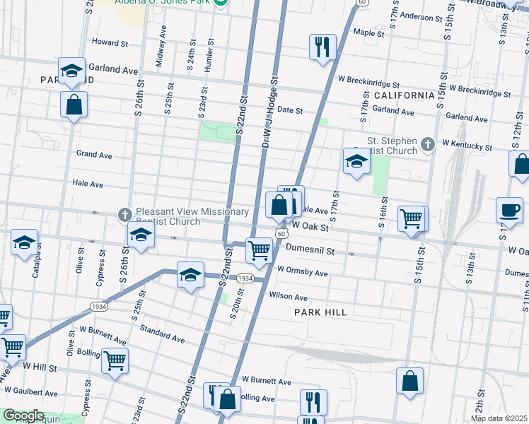 map of restaurants, bars, coffee shops, grocery stores, and more near 1832 Hale Avenue in Louisville