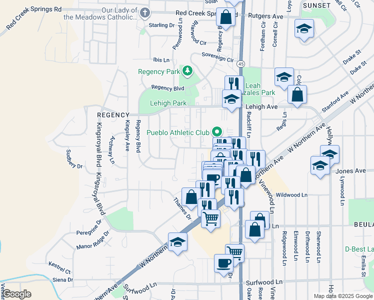 map of restaurants, bars, coffee shops, grocery stores, and more near 43 Glenroyal Drive in Pueblo