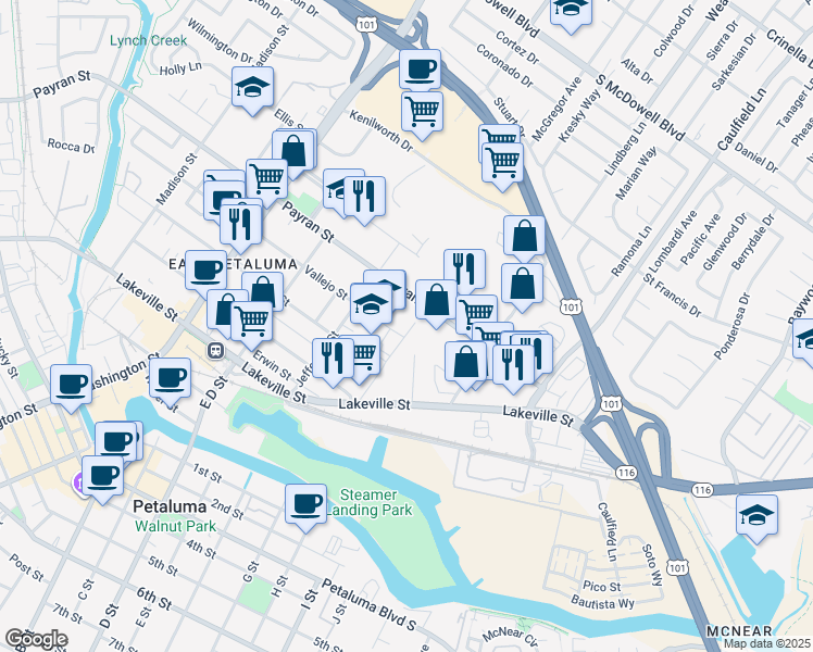 map of restaurants, bars, coffee shops, grocery stores, and more near 540 Vallejo Street in Petaluma