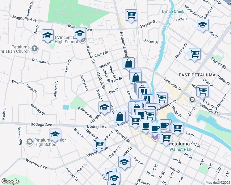 map of restaurants, bars, coffee shops, grocery stores, and more near 341 Liberty Street in Petaluma