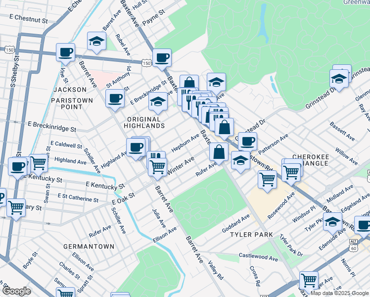 map of restaurants, bars, coffee shops, grocery stores, and more near 1436 Hepburn Avenue in Louisville