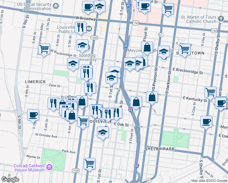 map of restaurants, bars, coffee shops, grocery stores, and more near 2 South 1st Street in Louisville