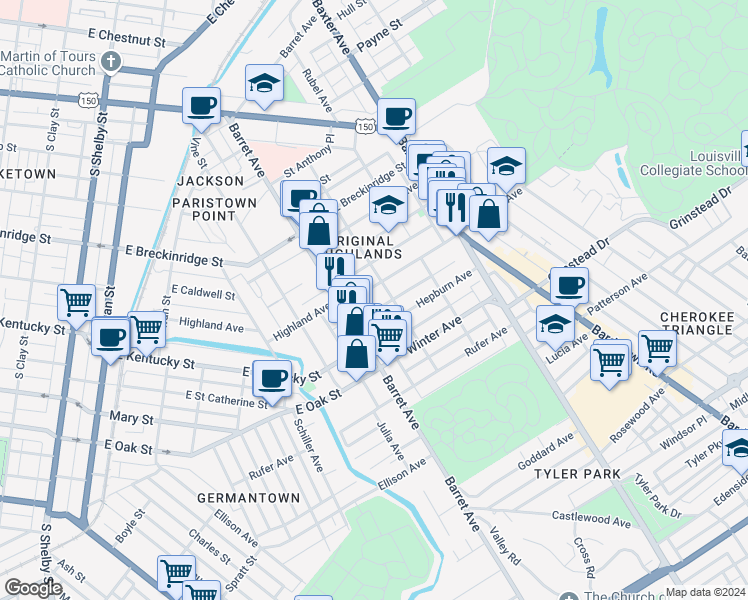 map of restaurants, bars, coffee shops, grocery stores, and more near 1322 Highland Avenue in Louisville
