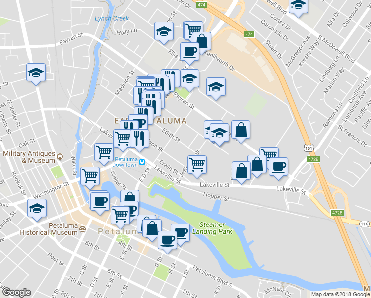 map of restaurants, bars, coffee shops, grocery stores, and more near 326 Edith Street in Petaluma