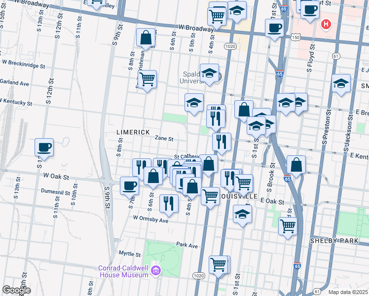 map of restaurants, bars, coffee shops, grocery stores, and more near 1040 South 5th Street in Louisville