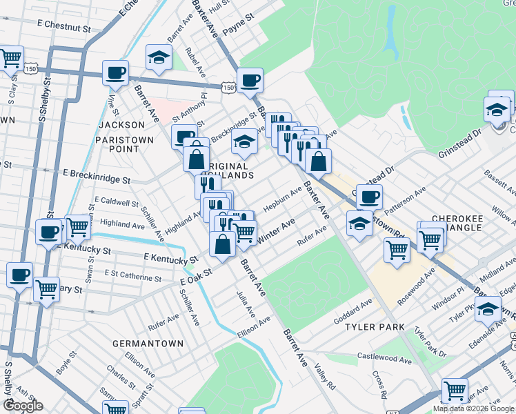 map of restaurants, bars, coffee shops, grocery stores, and more near 1409 Hepburn Avenue in Louisville