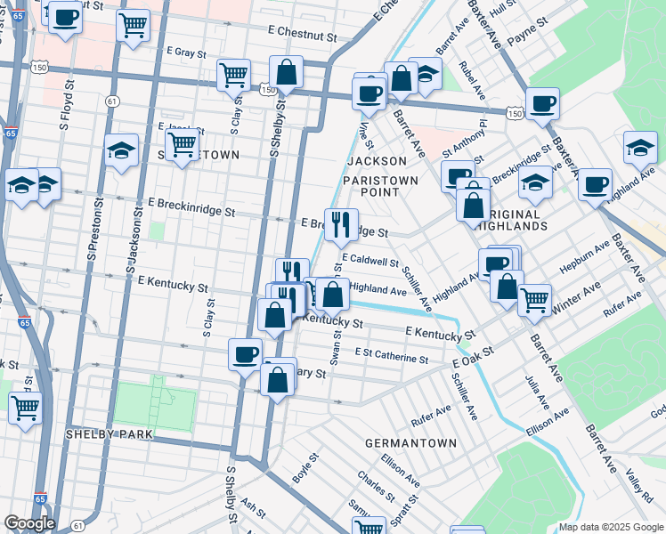 map of restaurants, bars, coffee shops, grocery stores, and more near 940 Swan Street in Louisville