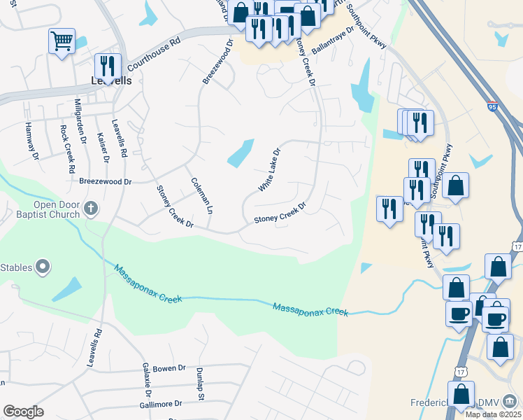 map of restaurants, bars, coffee shops, grocery stores, and more near 1704 Stoney Creek Drive in Fredericksburg