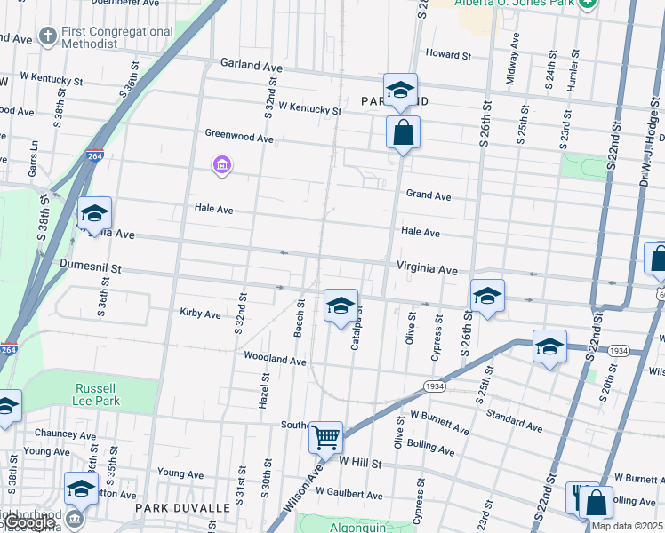 map of restaurants, bars, coffee shops, grocery stores, and more near 2920 Virginia Avenue in Louisville