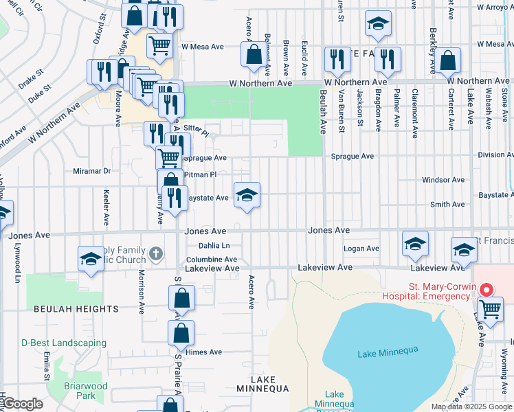 map of restaurants, bars, coffee shops, grocery stores, and more near 1716 Acero Avenue in Pueblo