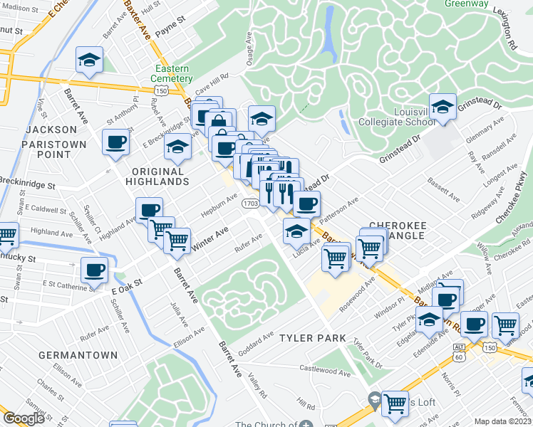 map of restaurants, bars, coffee shops, grocery stores, and more near 1609 Grinstead Drive in Louisville
