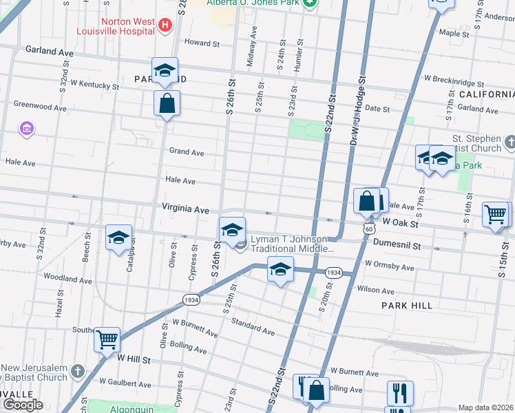 map of restaurants, bars, coffee shops, grocery stores, and more near 2329 West Oak Street in Louisville