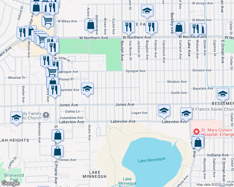 map of restaurants, bars, coffee shops, grocery stores, and more near 1712 Euclid Avenue in Pueblo