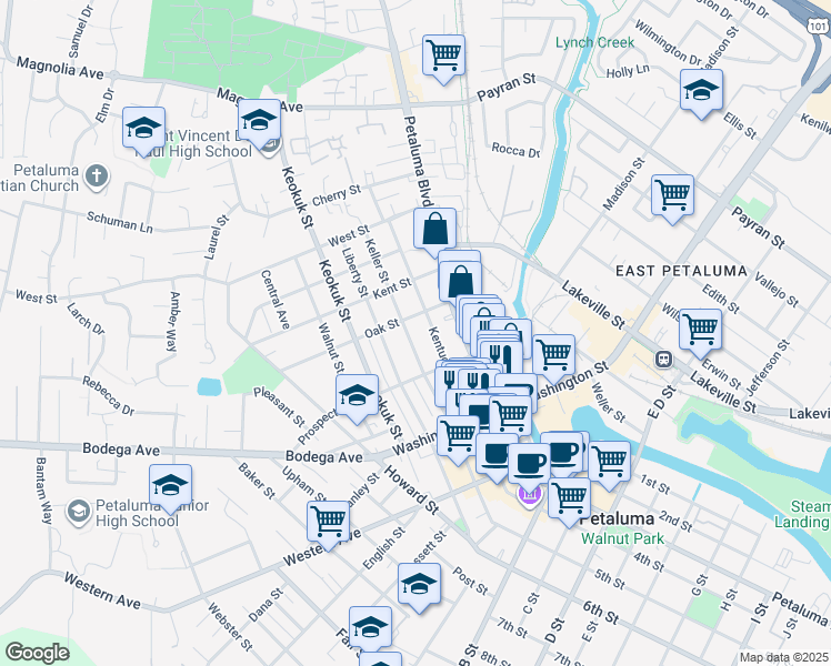 map of restaurants, bars, coffee shops, grocery stores, and more near 334 Keller Street in Petaluma