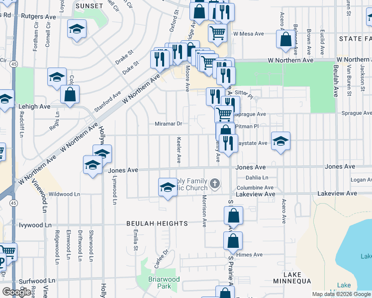 map of restaurants, bars, coffee shops, grocery stores, and more near 1713 Moore Avenue in Pueblo