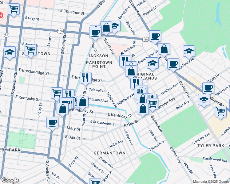 map of restaurants, bars, coffee shops, grocery stores, and more near 929 Schiller Court in Louisville