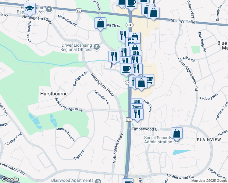 map of restaurants, bars, coffee shops, grocery stores, and more near 527 Nottingham Parkway in Louisville