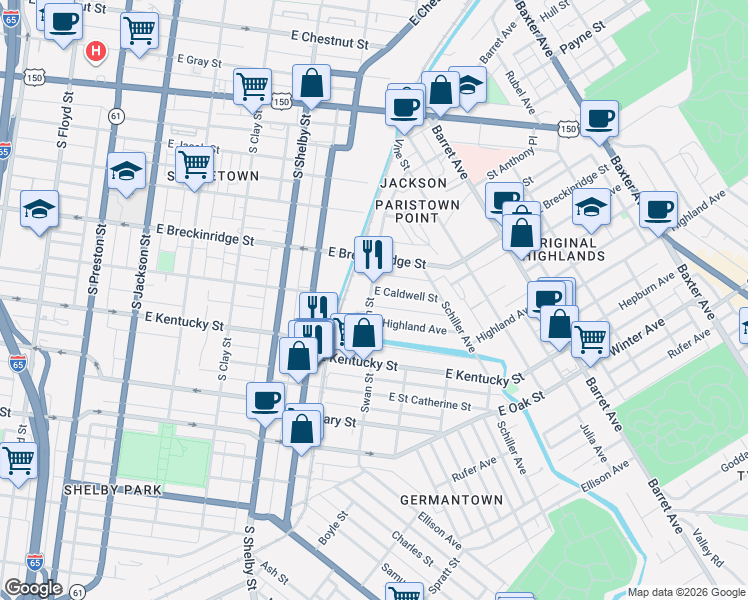 map of restaurants, bars, coffee shops, grocery stores, and more near 940 Swan Street in Louisville