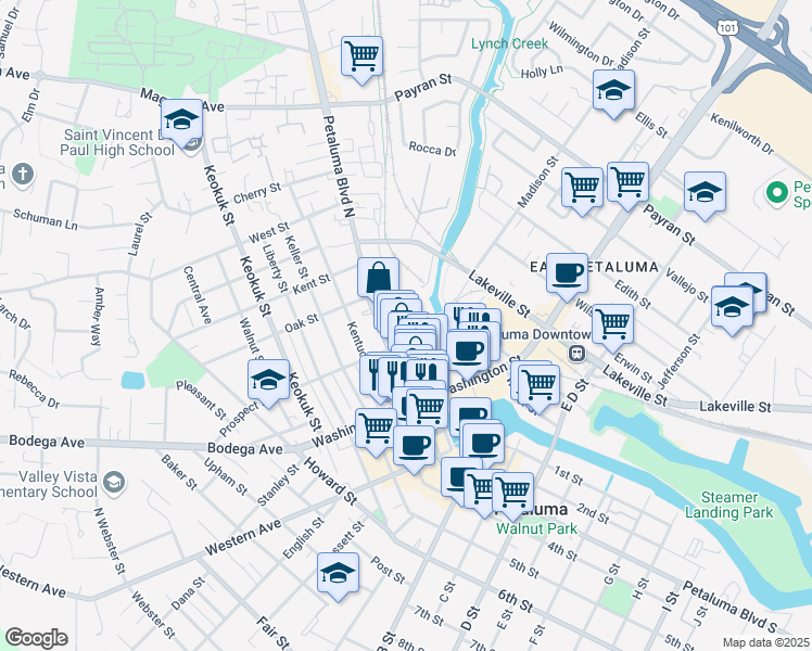 map of restaurants, bars, coffee shops, grocery stores, and more near 300 Water Street in Petaluma