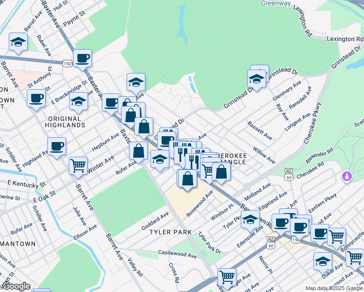 map of restaurants, bars, coffee shops, grocery stores, and more near 1206 Cherokee Road in Louisville