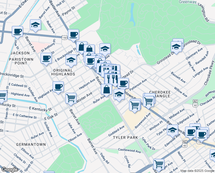 map of restaurants, bars, coffee shops, grocery stores, and more near 1609 Grinstead Drive in Louisville