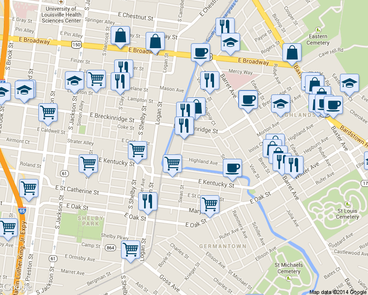 map of restaurants, bars, coffee shops, grocery stores, and more near 940 Swan Street in Louisville