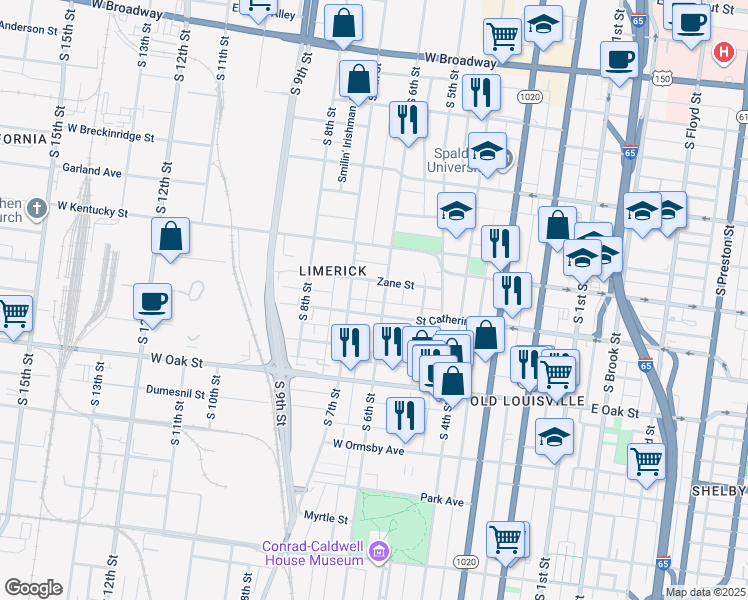 map of restaurants, bars, coffee shops, grocery stores, and more near 615 Saint Catherine Street in Louisville