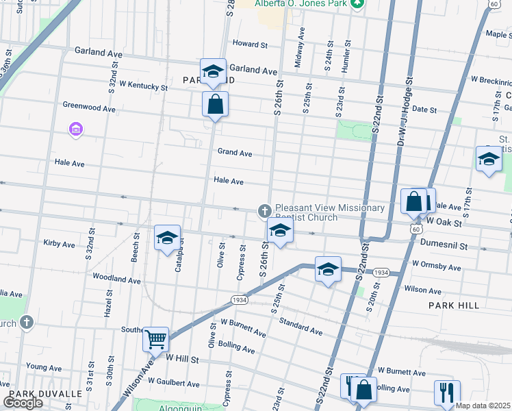 map of restaurants, bars, coffee shops, grocery stores, and more near 2615 Virginia Avenue in Louisville