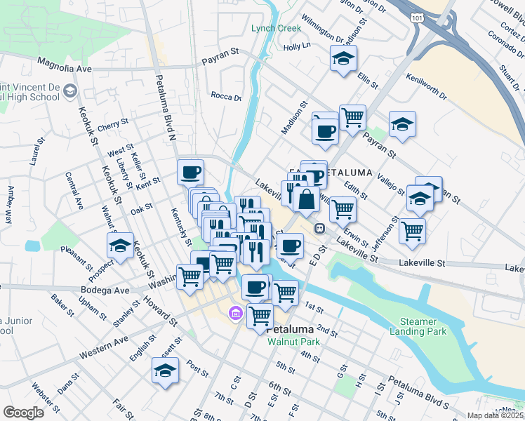 map of restaurants, bars, coffee shops, grocery stores, and more near 133 Copeland Street in Petaluma