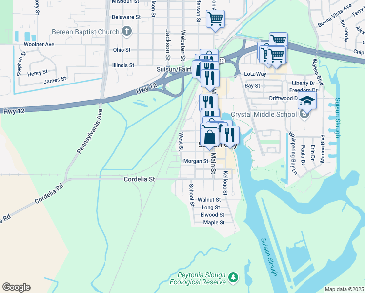 map of restaurants, bars, coffee shops, grocery stores, and more near 706 West Street in Suisun City