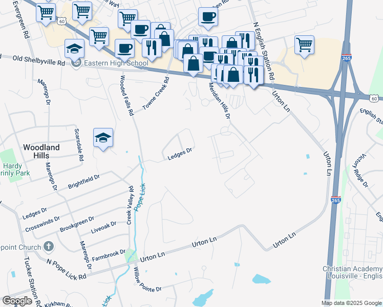 map of restaurants, bars, coffee shops, grocery stores, and more near 12816 Ledges Drive in Louisville