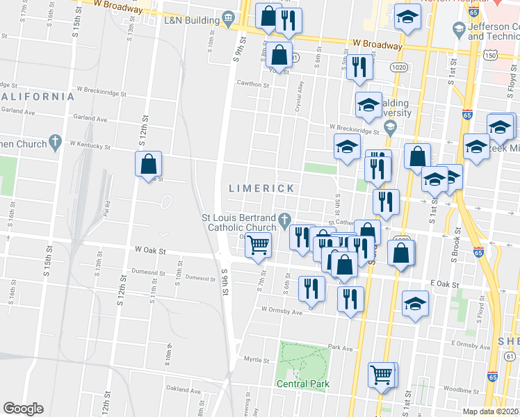 map of restaurants, bars, coffee shops, grocery stores, and more near 715 Saint Catherine Street in Louisville