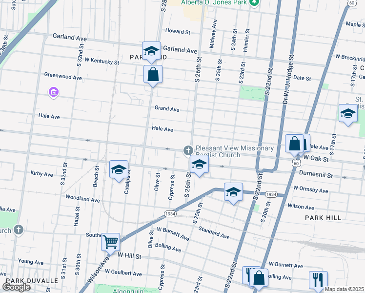 map of restaurants, bars, coffee shops, grocery stores, and more near 2615 Virginia Avenue in Louisville