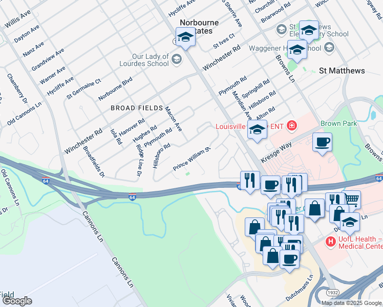 map of restaurants, bars, coffee shops, grocery stores, and more near 5801 Prince William Street in Louisville