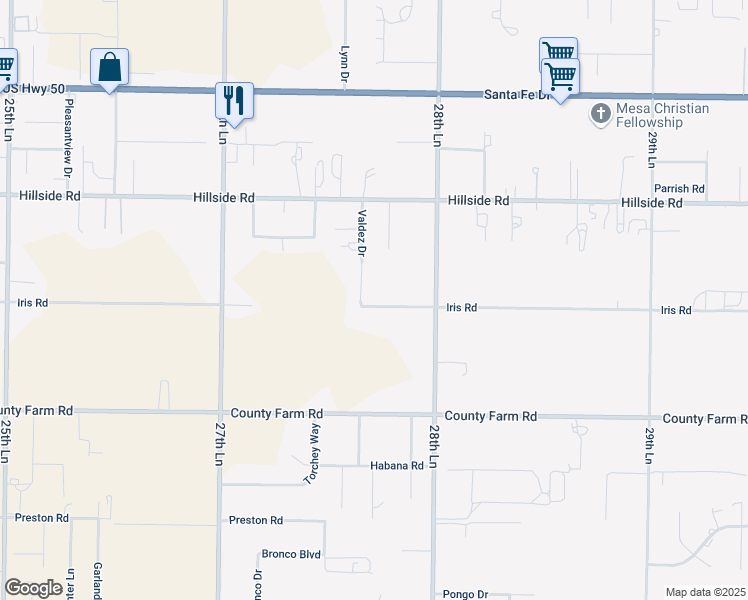map of restaurants, bars, coffee shops, grocery stores, and more near 27641 Iris Road in Pueblo