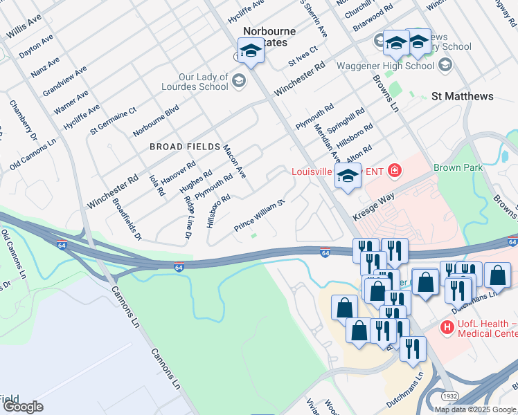 map of restaurants, bars, coffee shops, grocery stores, and more near 5801 Prince William Street in Louisville