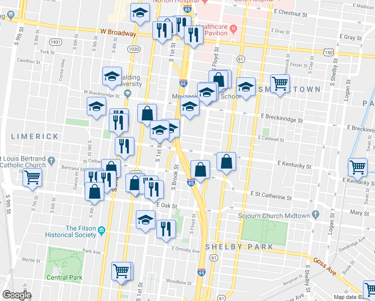 map of restaurants, bars, coffee shops, grocery stores, and more near 204 East Kentucky Street in Louisville